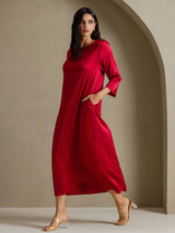 [Wine] SilkSilky 3/4 Sleeve Round Neck Dress 007