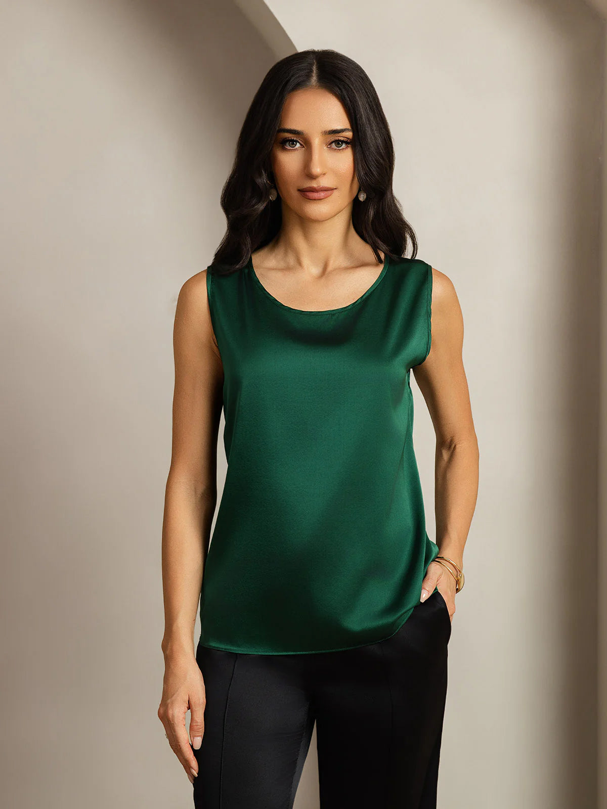 [Dark Green] SilkSilky  19Momme Silk Round Neck Camisole Top 005