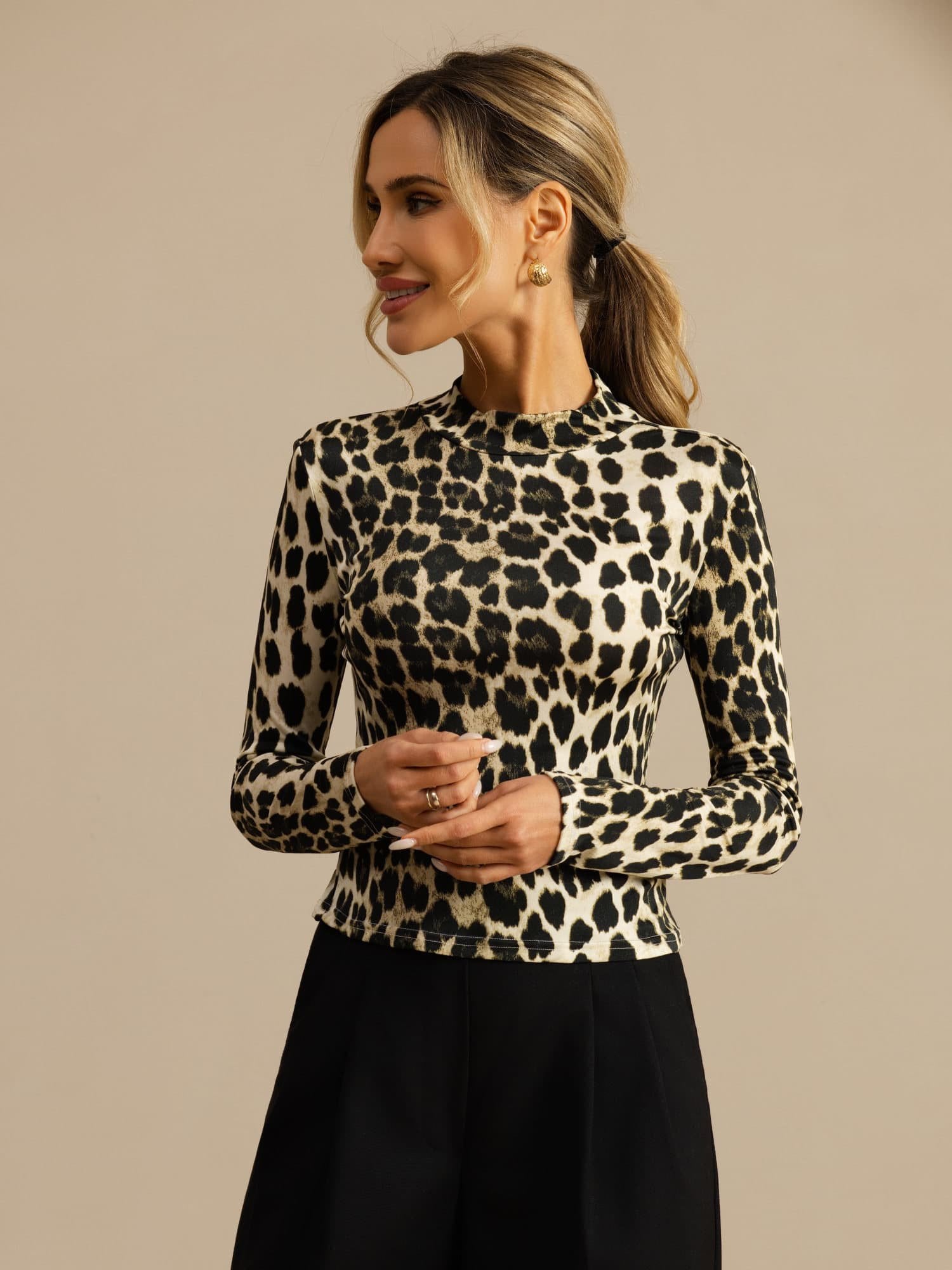 [Leopard] SilkSilky 100% Silk Jersey Long Sleeve Mock Neck Women's T-Shirt 004