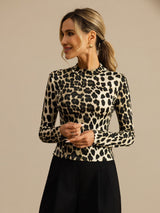 Women's wild animal print silk jersey mock neck top with long sleeves and slim fit