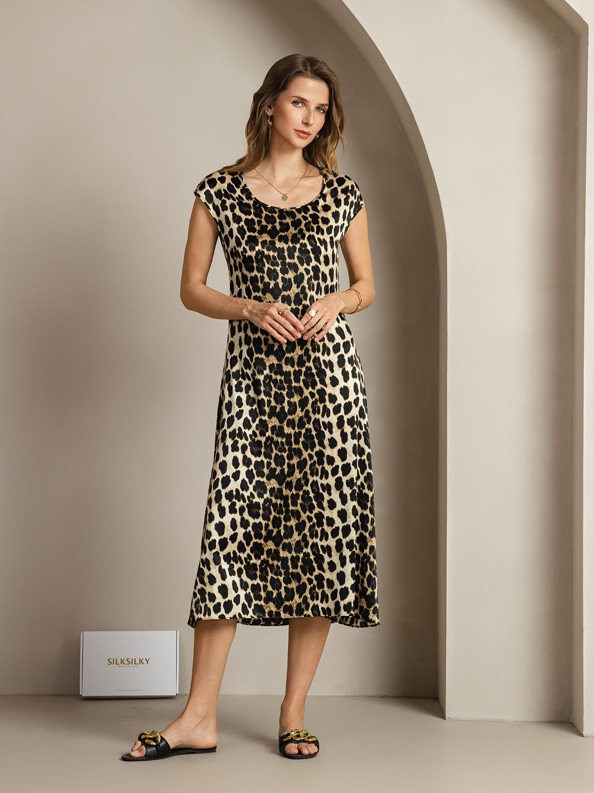 [Leopard] SilkSilky  19Momme Silk Round Neck Dress 006
