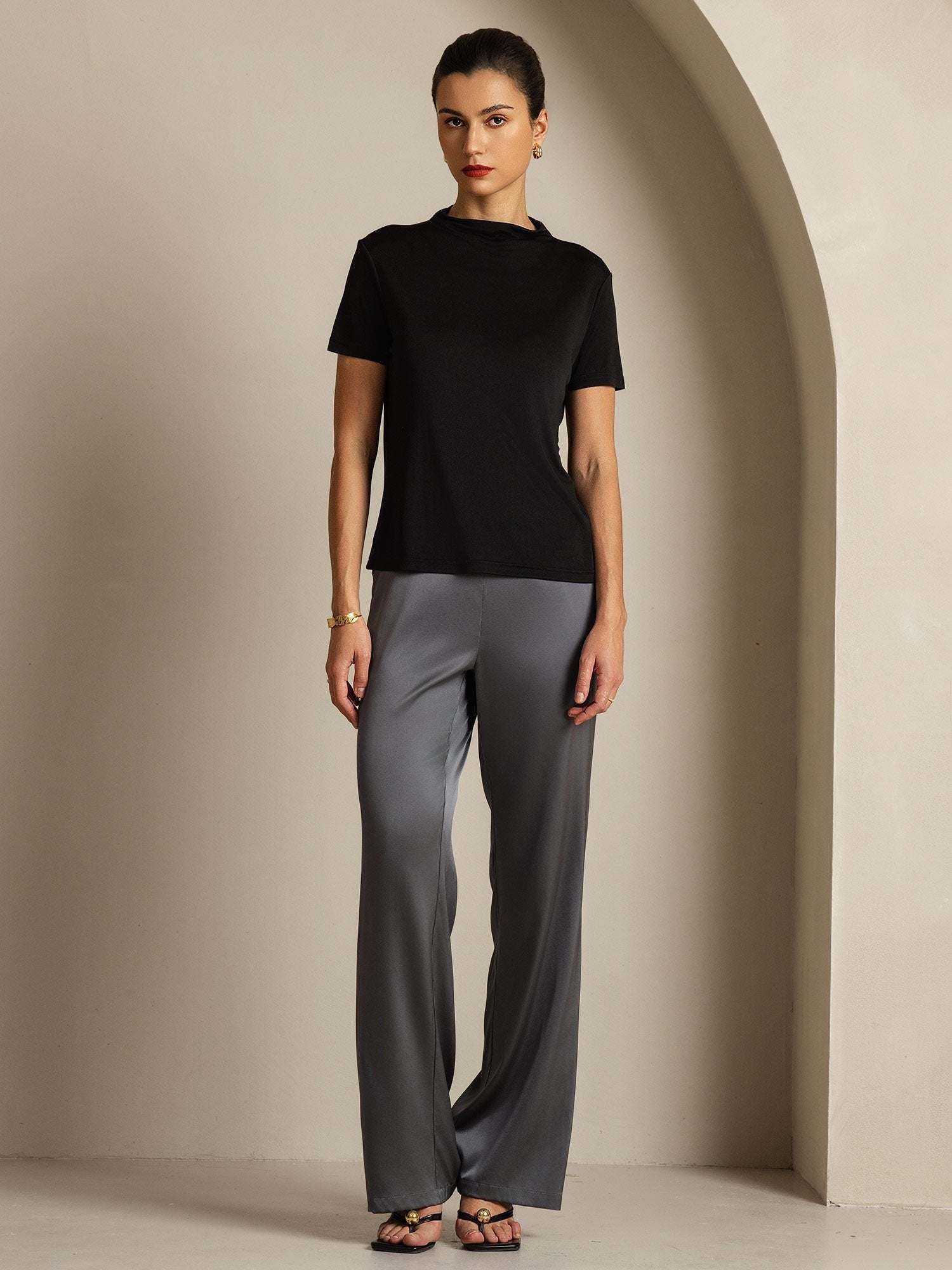 [Black] SilkSilky  Pure Silk Collar Women's T-Shirt 007