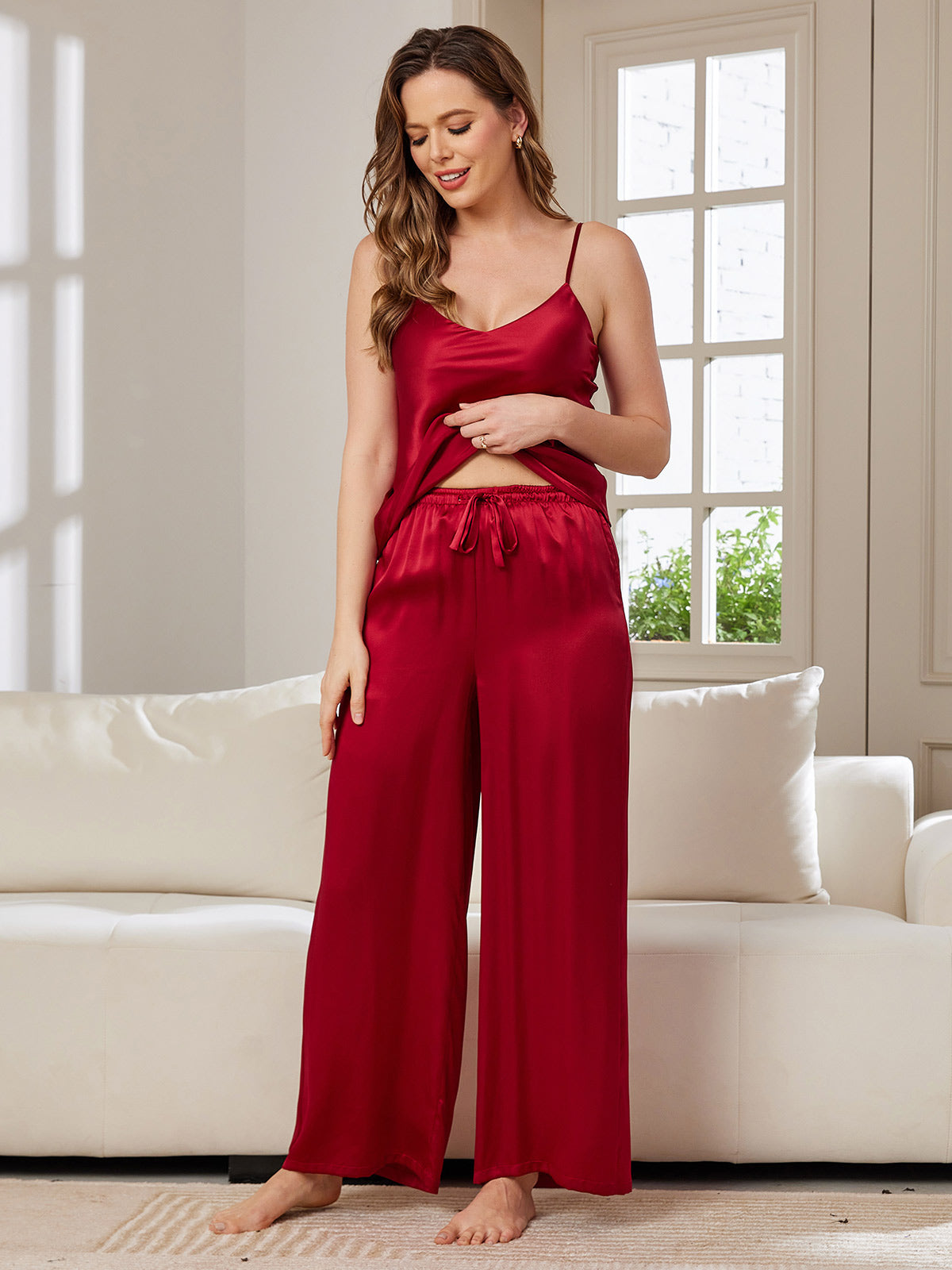 SilkSilky US Pure Silk Sleeveless V Neck Camisole Set Wine 005