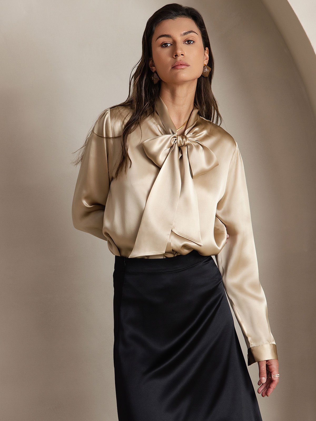 [Champagne] SilkSilky 19Momme Silk Long Sleeve Tie Neck Women's Shirt 003