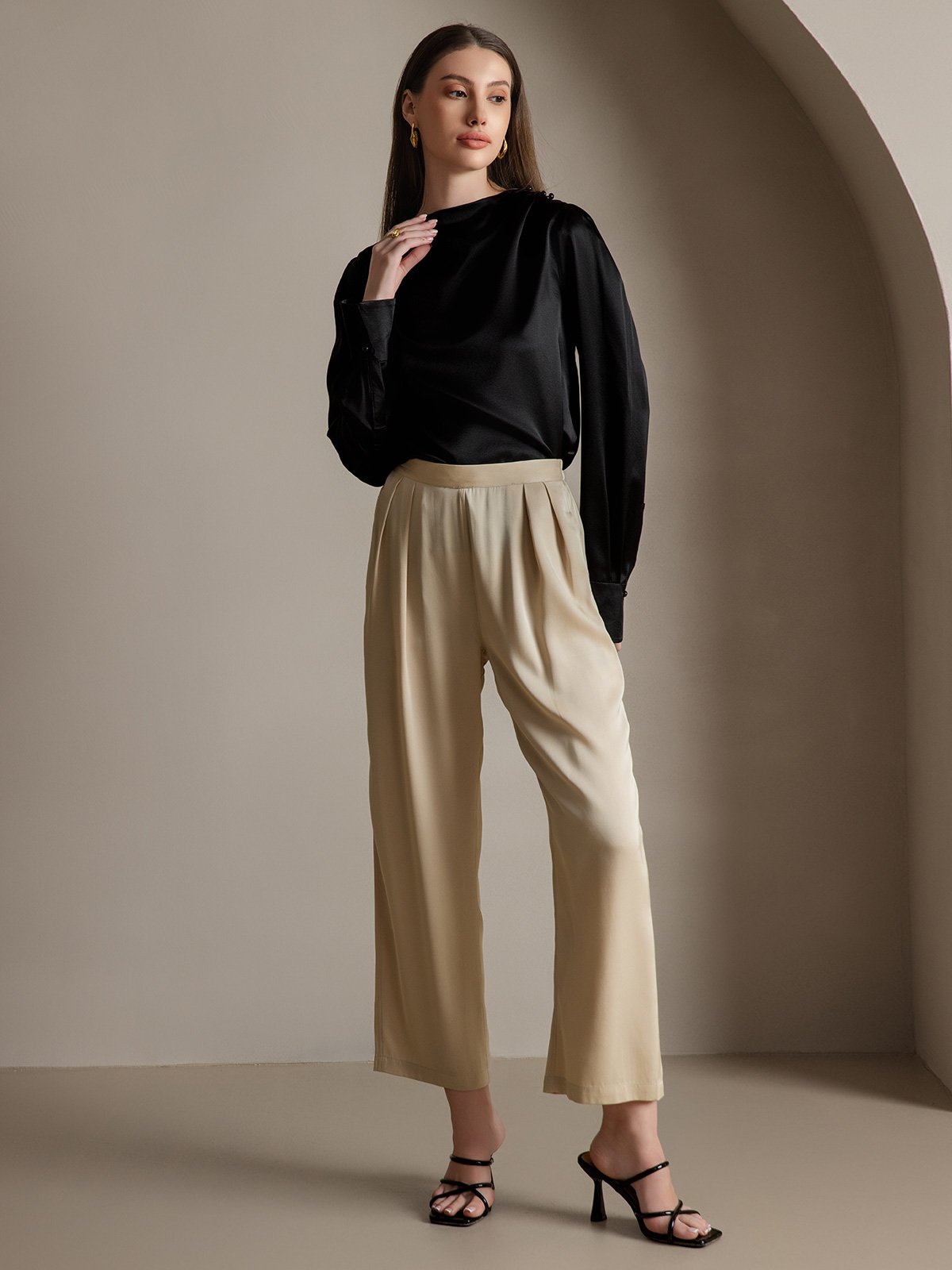 [Black] SilkSilky  19Momme Silk Boat Neck Women's Shirt 007