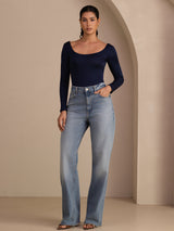 [Dark Blue] SilkSilky Long Sleeve U Neck Women's T-Shirt 007