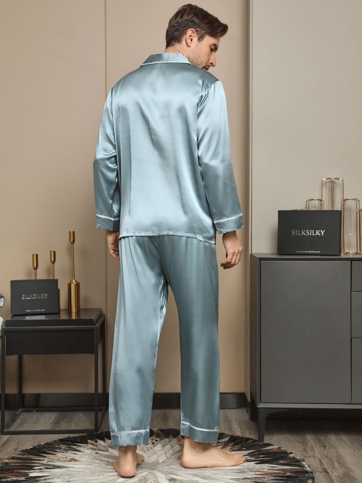 SilkSilky  19Momme Pure Silk Long Sleeve Lapel Men's Pajamas LightBlue 002