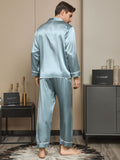 SilkSilky US 19Momme Pure Silk Long Sleeve Lapel Men's Pajamas LightBlue 002