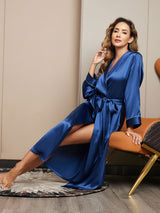 [Dark Blue] SilkSilky  19Momme Stretch Silk Charmeuse Long Sleeve Women's Robe 007