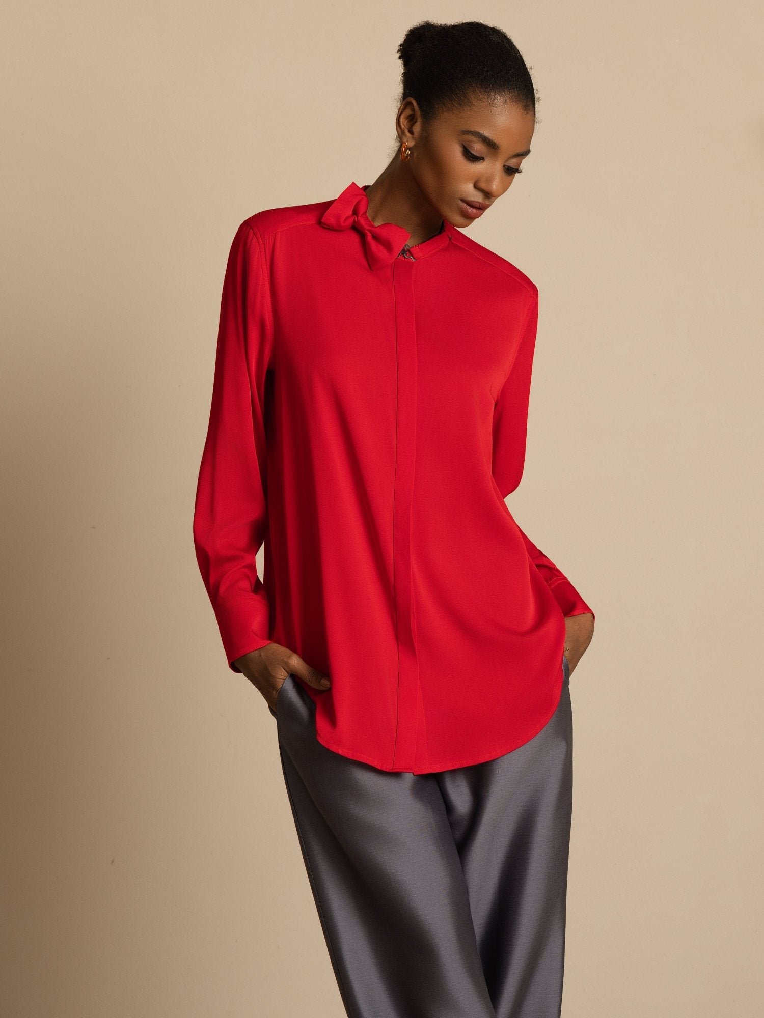 [Wine] SilkSilky 19Momme Silk Long Sleeve Collar Blouse 005