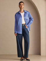 [Blue Pinstripe] SilkSilky Long Sleeve Lapel Collar Women's Shirts 007