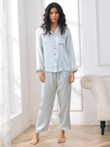 [Light Blue] SilkSilky  Long Sleeve Notch Collar Women's Pajamas 003