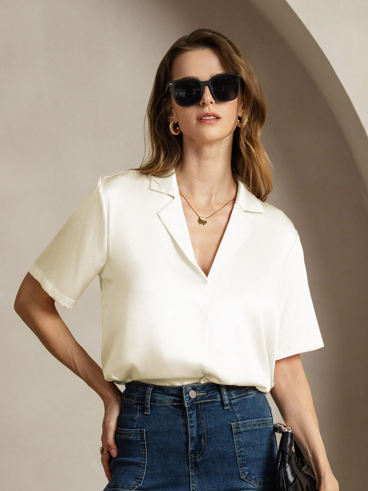 [Ivory] SilkSilky  19Momme Silk Notched Neck Women's Shirt 003