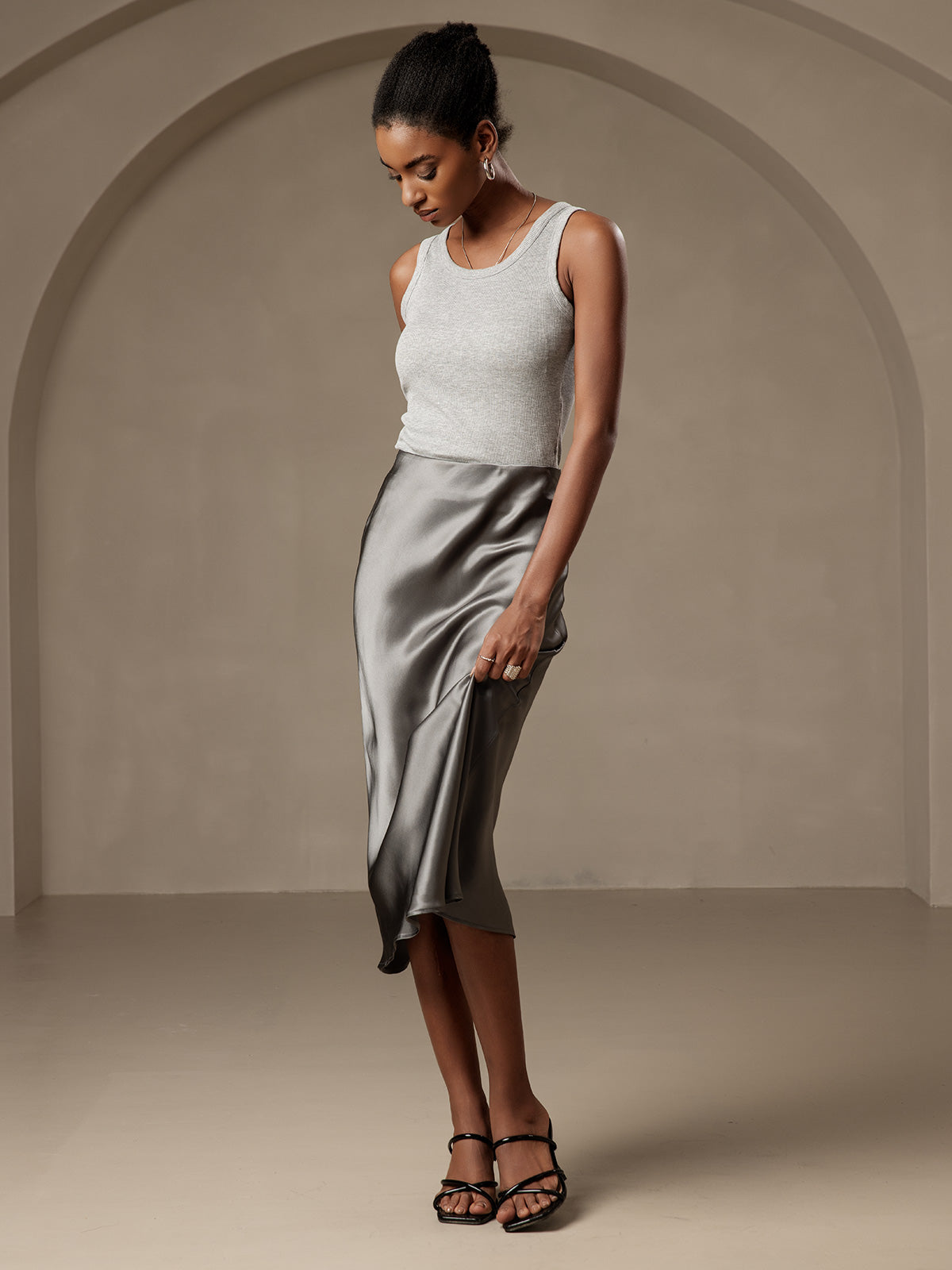[Dark Gray] SilkSilky  19Momme Pure Silk Skirt 005