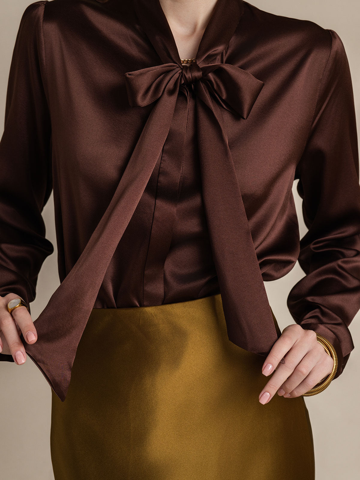 [Coffee] SilkSilky 19Momme Silk Long Sleeve Tie Neck Women's Shirt 008