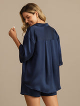 [Dark Blue] SilkSilky  19Momme Machine-Washable Silk Half Sleeve Notch Collar Women's Pajamas 002