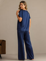 [Dark Blue] SilkSilky  19Momme Machine-Washable Silk Short Sleeve Women's Pajamas 002