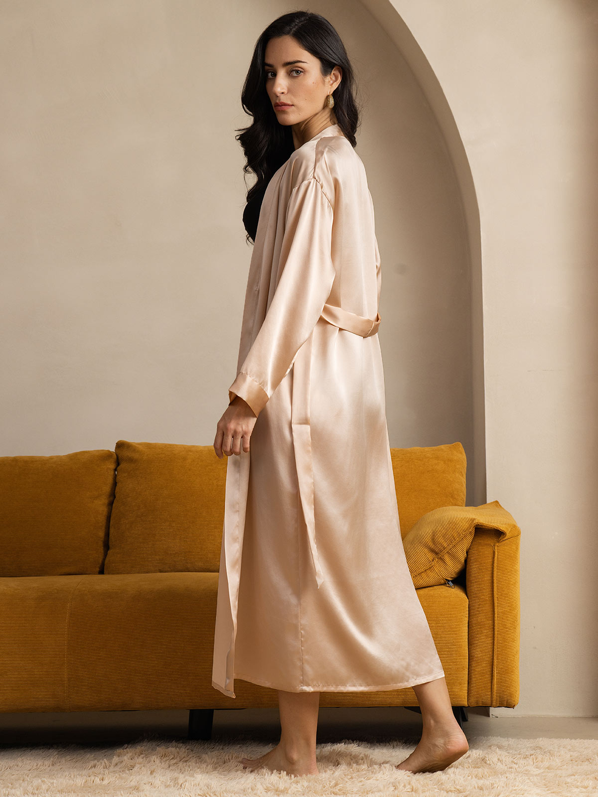 SilkSilky  Pure Silk Long Sleeve Womens Robe Champagne 002