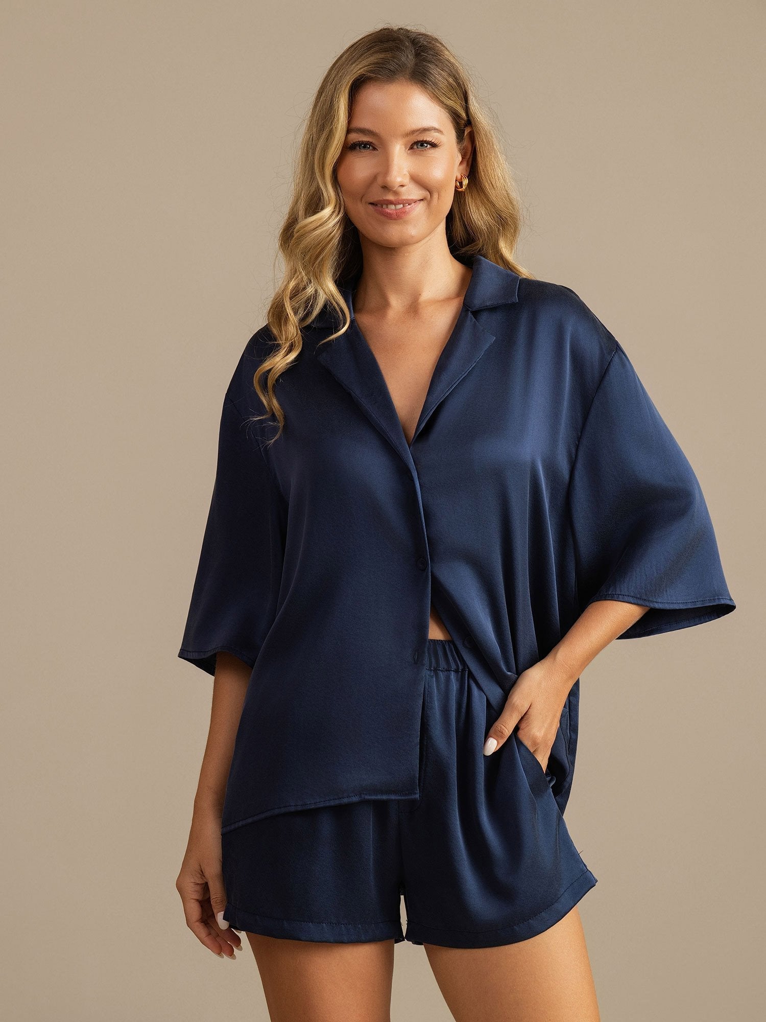 [Dark Blue] SilkSilky  19Momme Pure Silk Notch Collar Women's Pajamas 006,