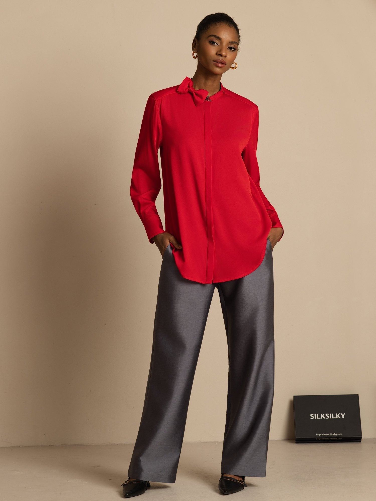 [Wine] SilkSilky 19Momme Silk Long Sleeve Collar Blouse 007