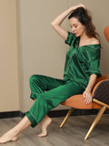 SilkSilky US Pure Silk Short Sleeve Lapel Women's Pajamas Green 006