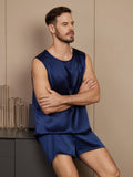 SilkSilky US Pure Silk Sleeveless Round Neck Men's Pajamas DarkBlue 004