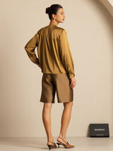 [Bronze] SilkSilky  19Momme Stretch Silk Charmeuse Long Sleeve Round Neck Blouse 002