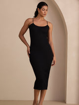 [Black] SilkSilky Spaghetti Strap Square Neck Dress 004