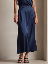 [Dark Blue] SilkSilky  19Momme Stretch Silk Charmeuse Skirt 001