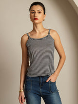 [Black Stripe] SilkSilky Spaghetti Strap Square Neck Camisole Top 001