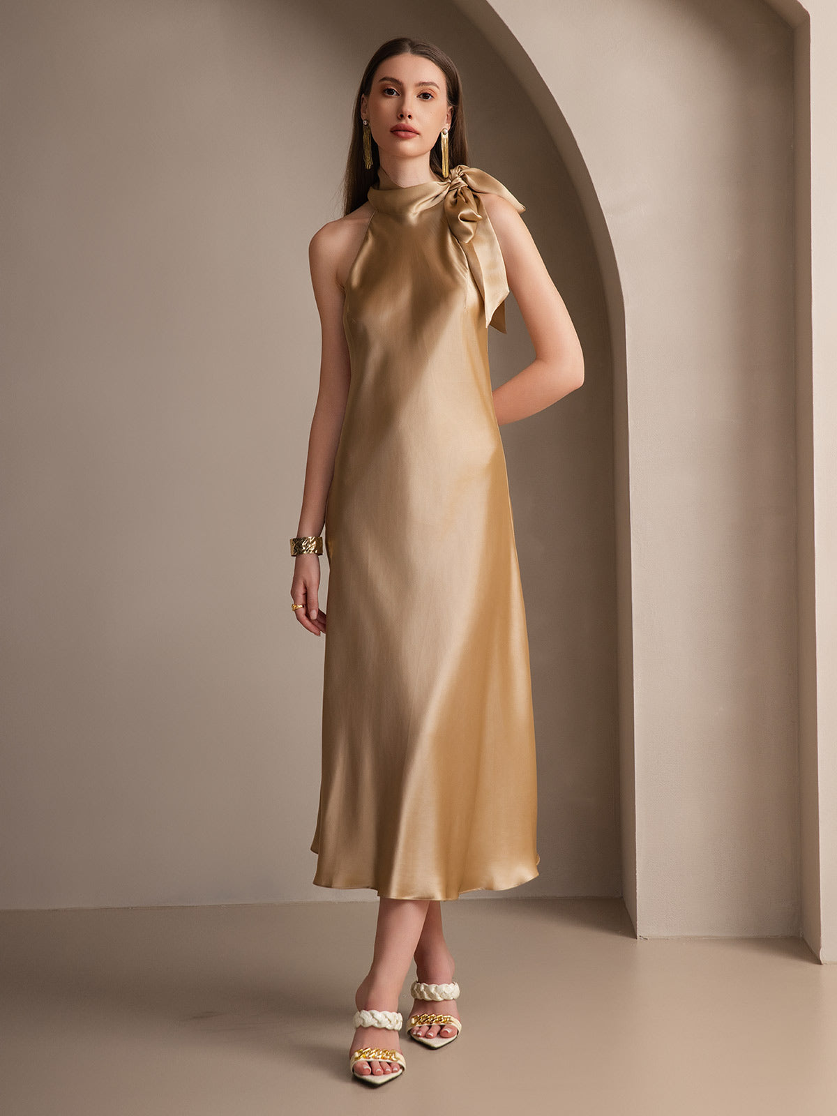 SilkSilky US 19Momme Silk Blend Sleeveless Tie Neck Dress Champagne 006