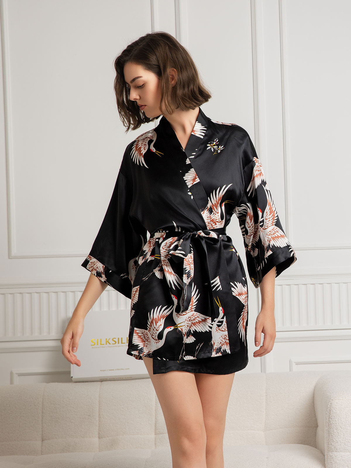 [Black] SilkSilky  Pure Silk Deep V Neck Women's Robe 001