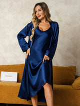 [Dark Blue] SilkSilky  Long Sleeve V Neck Nightgown&Robe Set 001