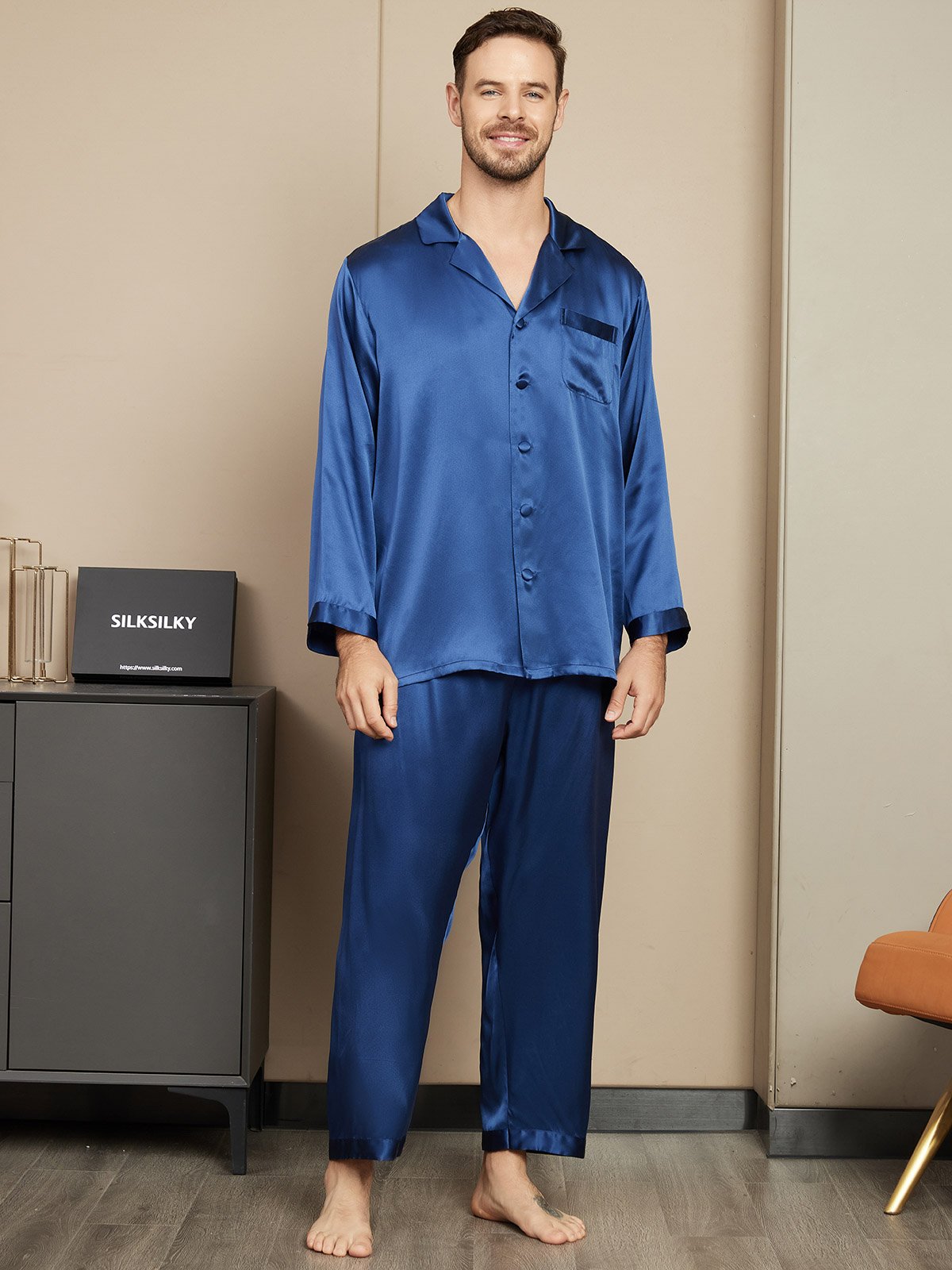 SilkSilky US Pure Silk Long Sleeve Mens Pajamas DarkBlue 001