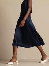 [Dark Blue] SilkSilky  19Momme Stretch Silk Charmeuse Skirt 005