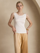 [White] SilkSilky  100% Silk Jersey Sleeveless Round Neck Women's T-Shirt 005