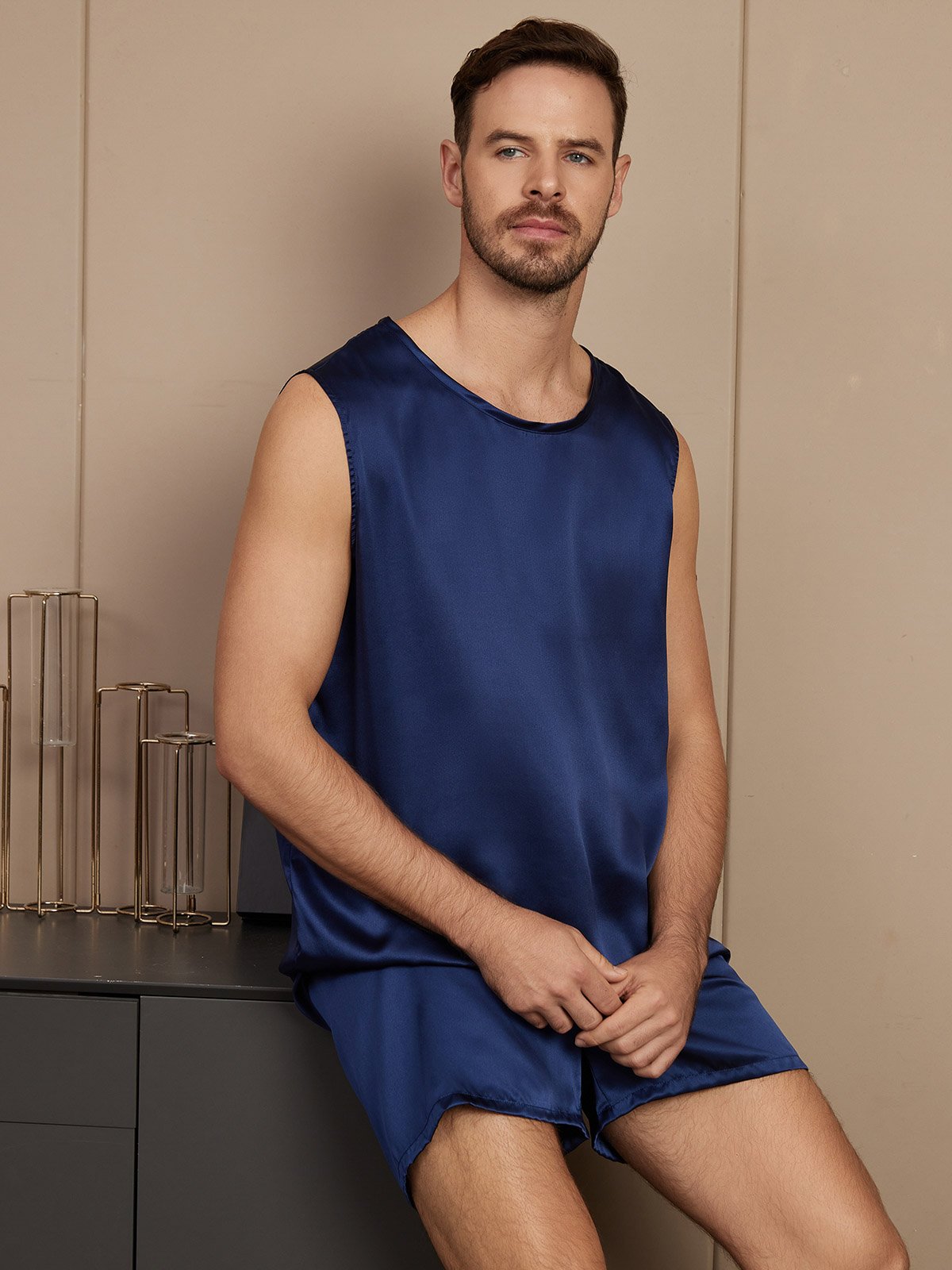 SilkSilky US Pure Silk Sleeveless Round Neck Men's Pajamas DarkBlue 003