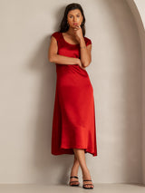 [Wine] SilkSilky  19Momme Stretch Silk Charmeuse Cap Sleeve Scoop Neck Dress 003