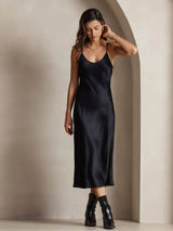 [Black] SilkSilky  Pure Silk Spaghetti Strap V Neck Dress 006