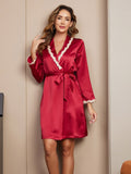 SilkSilky US Pure Silk Long Sleeve V Neck Women's Robe Wine 001