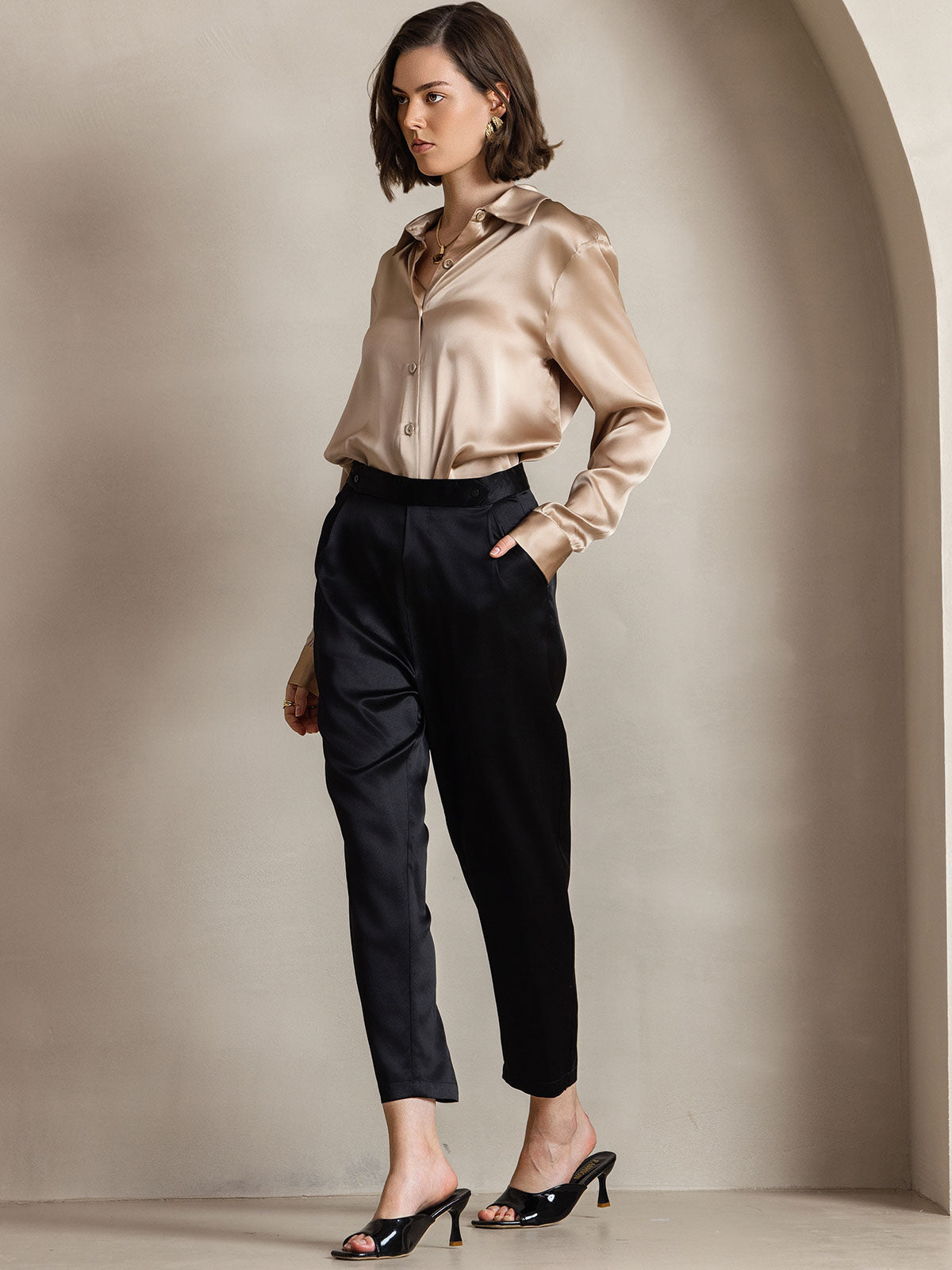 [Champagne] SilkSilky  Silk Lapel Collar Women's Shirt 008
