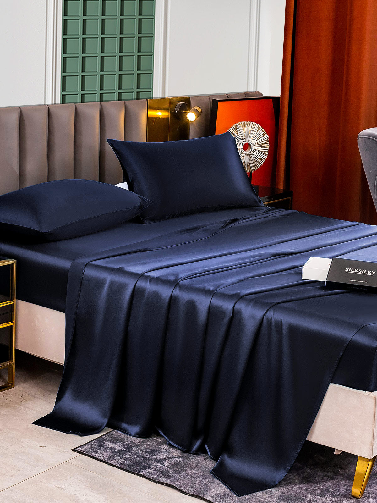 SilkSilky US 25Momme Pure Silk Bedding Set DarkBlue 005