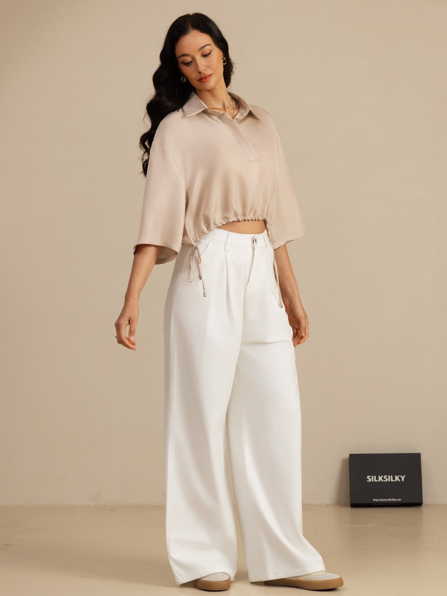 [Tan] SilkSilky  18Momme Silk Satin Surah Half Sleeve Lapel Collar Blouse 007