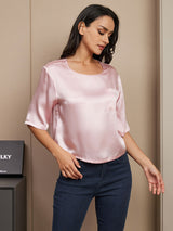 [Pink] SilkSilky  Pure Silk Half Sleeve Scoop Neck Women's T-Shirt 003