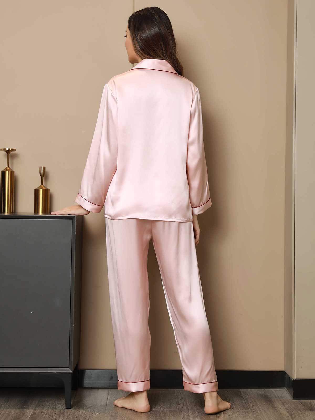 SilkSilky US Pure Silk Long Sleeve Lapel Women's Pajamas Pink 002