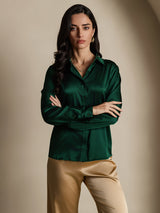 [Dark Green] SilkSilky  19Momme Stretch Silk Charmeuse Long Sleeve Lapel Collar Women's Shirt 005