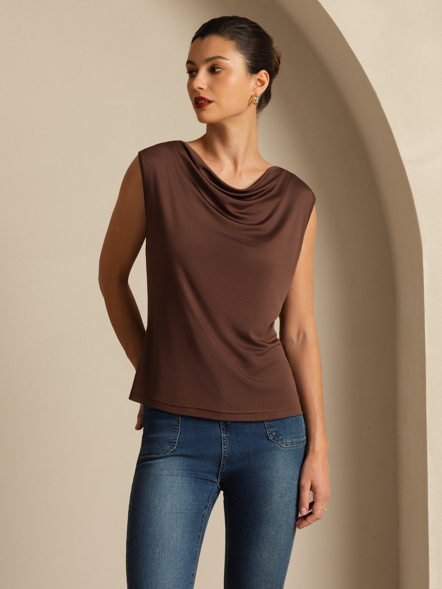 [Coffee] SilkSilky Silk Sleeveless Cowl Neck Women's T-Shirt 004