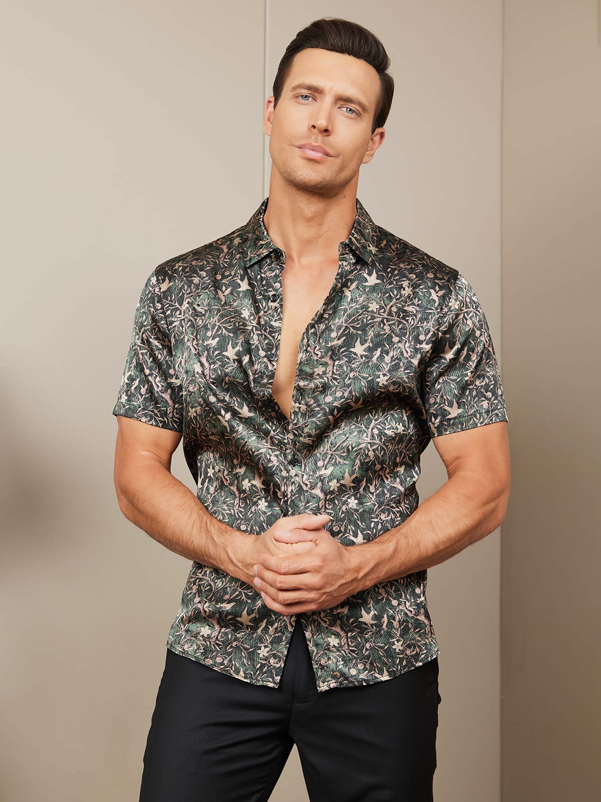 SilkSilky US Silk Blend Short Sleeve Collar Men's Shirt GrayishGreen 007