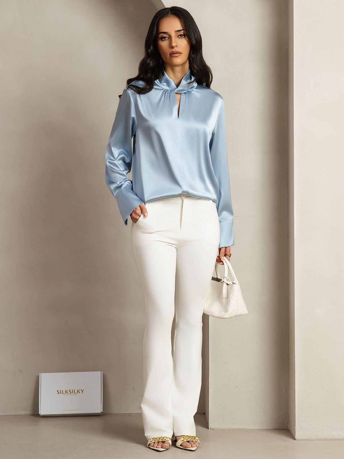 [Grayish Blue] SilkSilky  19Momme Silk Keyhole Neck Women's Shirt 010