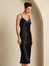 [Black] SilkSilky Spaghetti Strap V Neck Dress 003